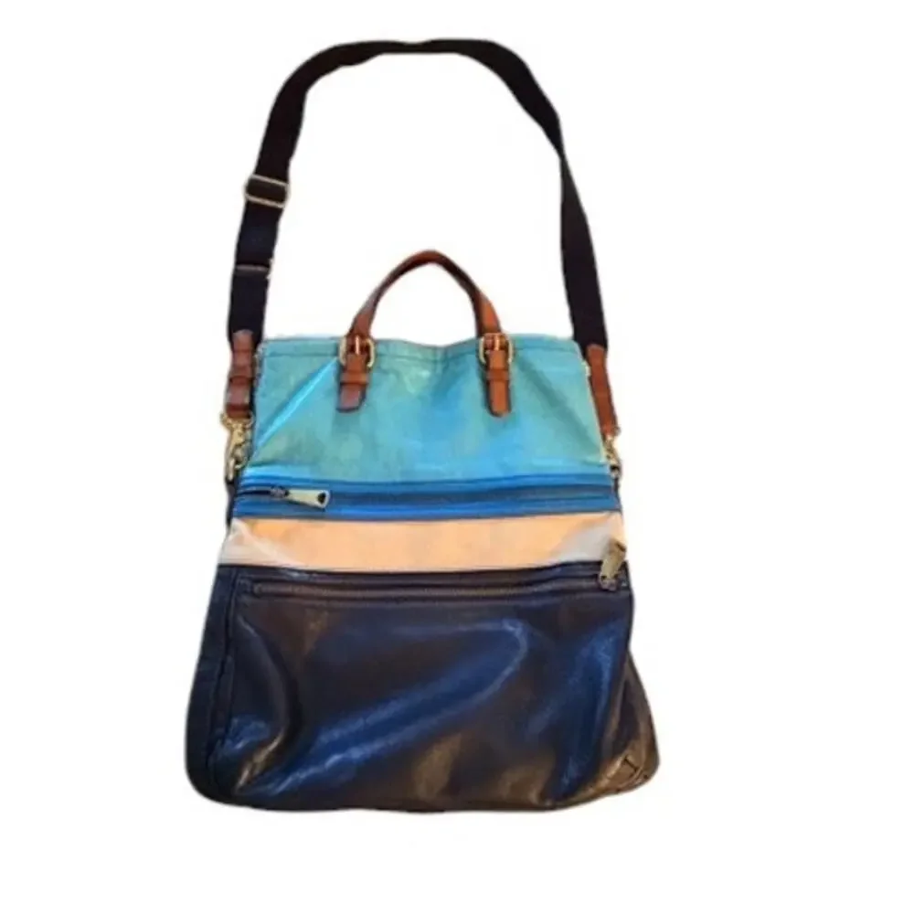 Fossil Leather Crossbody Tote Blue Brown Colorblock Convertible Bag 14